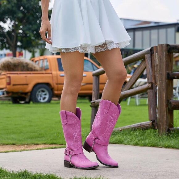 Women's Embroidered Pink Removable Belt Low Block Heel Round Western Boots - Picture 4 of 6